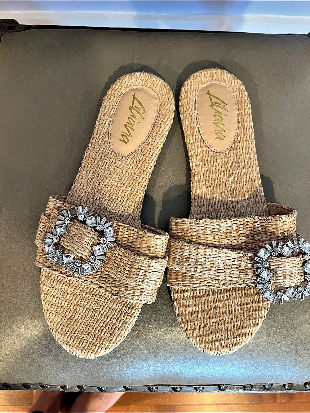 Liliana Jeweled Buckle Woven Sandals in Tan